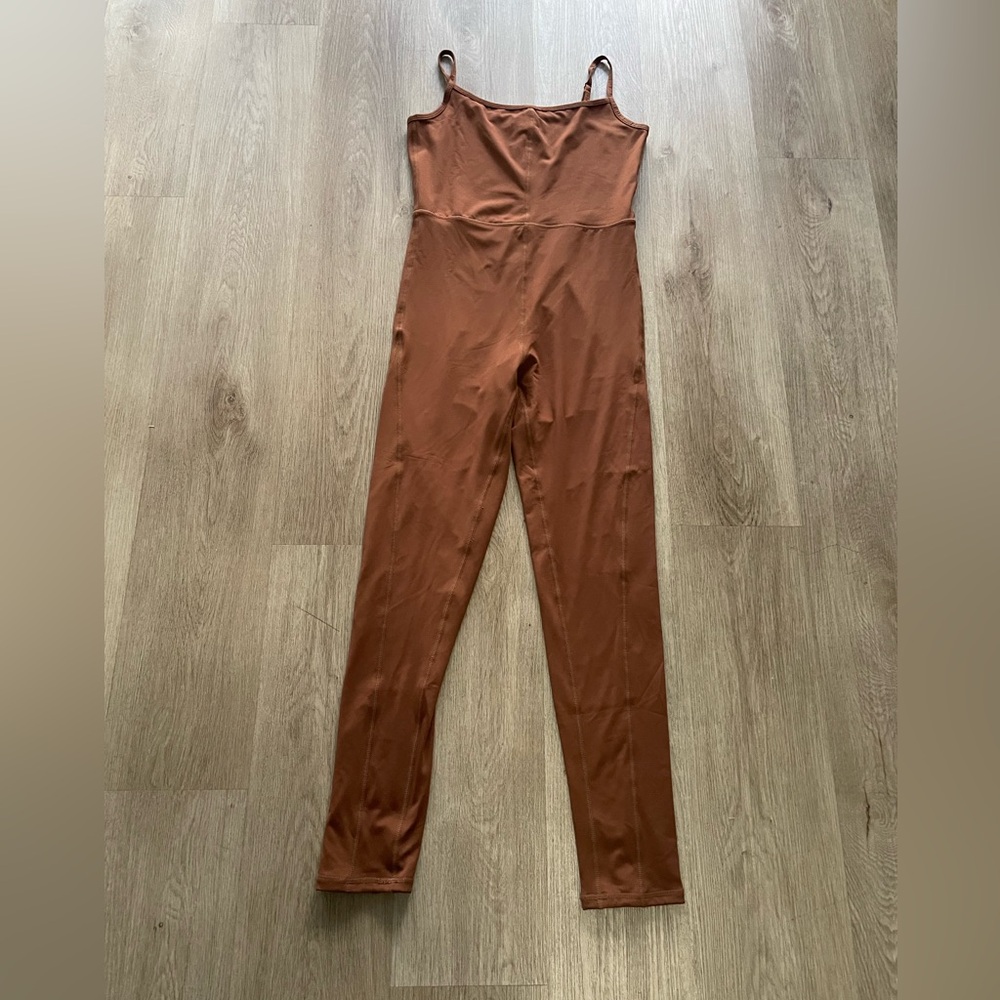francescas yummi brown square neck one piece jumpsuit workout leggings medium